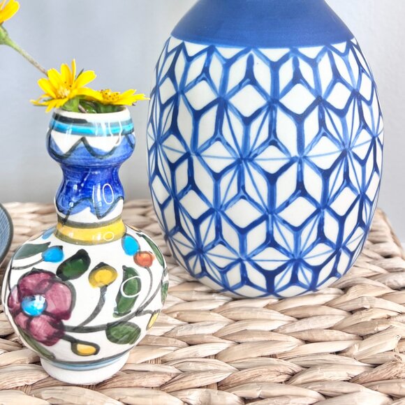 Vintage Artisan De Luxe Home Boho Thai Vase Royal Blue Geometric Print 7” - Picture 5 of 13